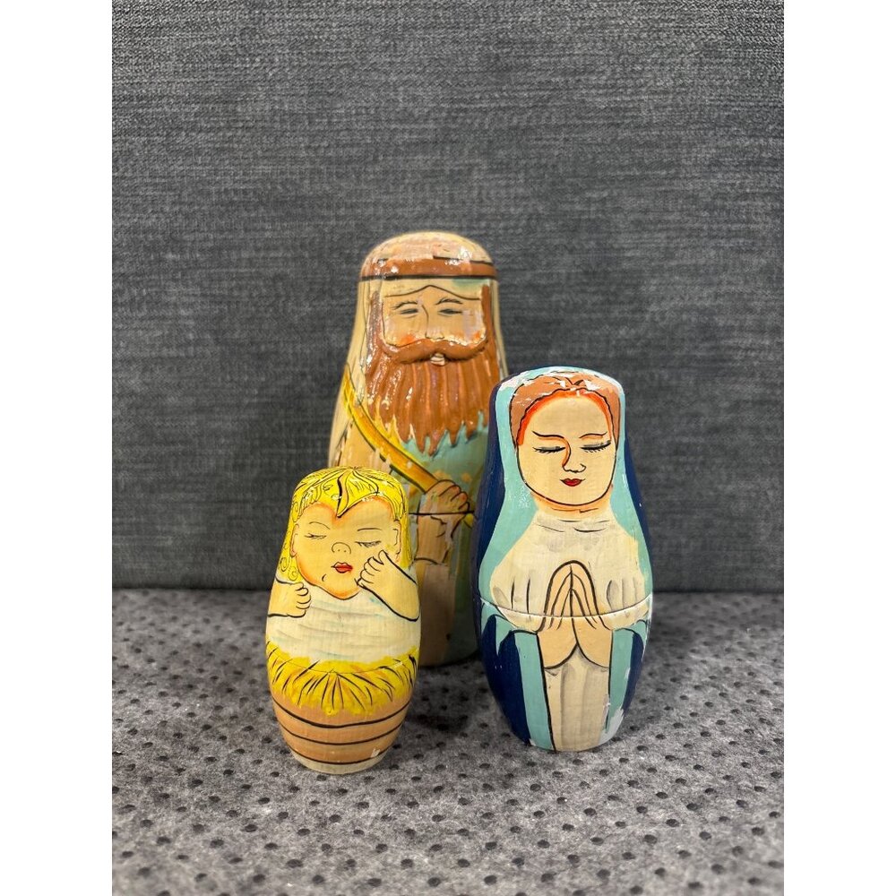 Hand-Painted Wooden Nativity Nesting Dolls Set Of 3 Christmas Decor Vintage